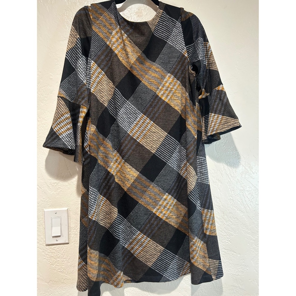 Sandra Darren Womens Large Plaid Bell Sleeve Shift Dress Black Mustard‎ Yellow L
